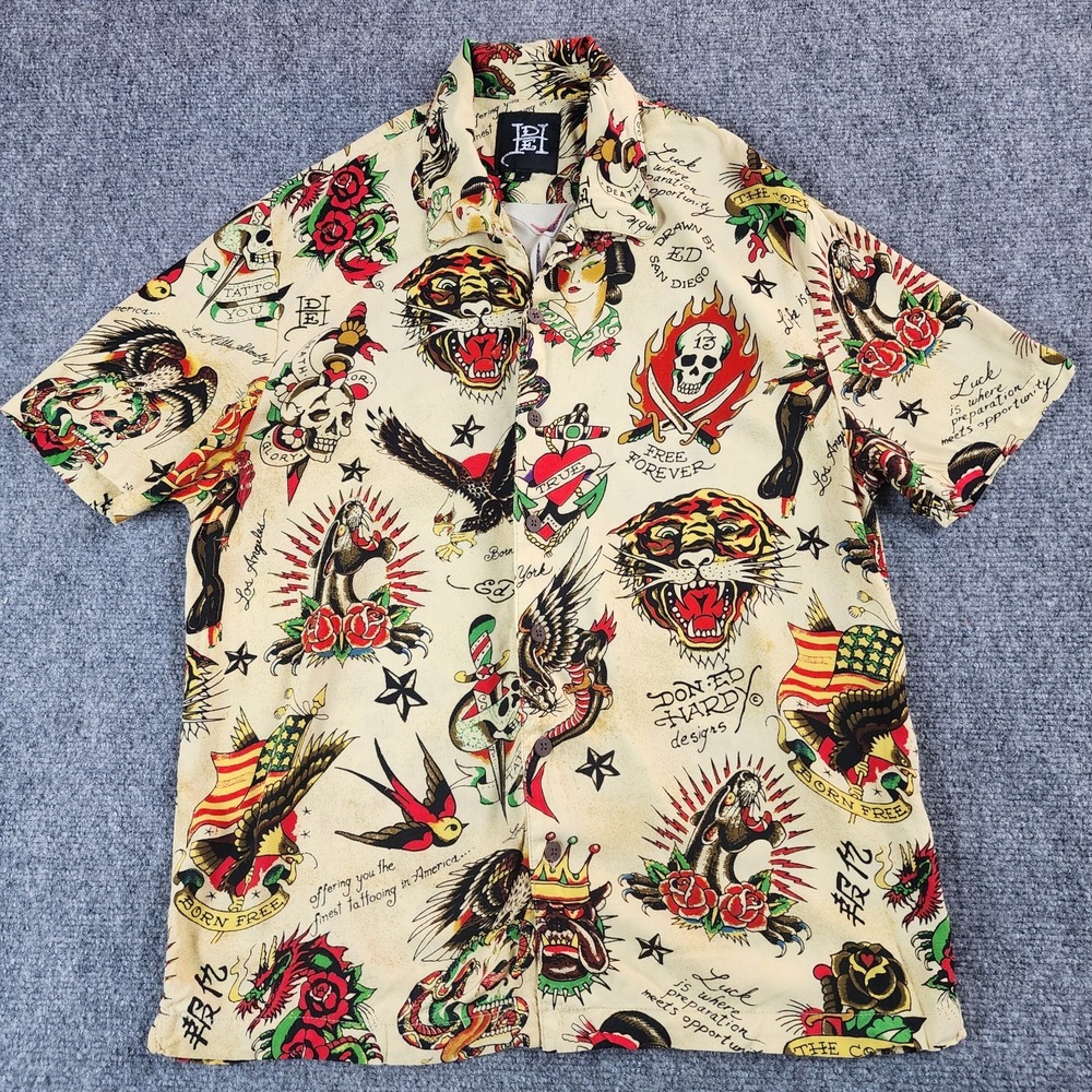 Ed Hardy Mens Size Small Tattoo Tiger Skull Eagle‎ Short Sleeve Button Up Shirt
